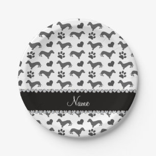 Custom name grey dachshunds hearts paws paper plate