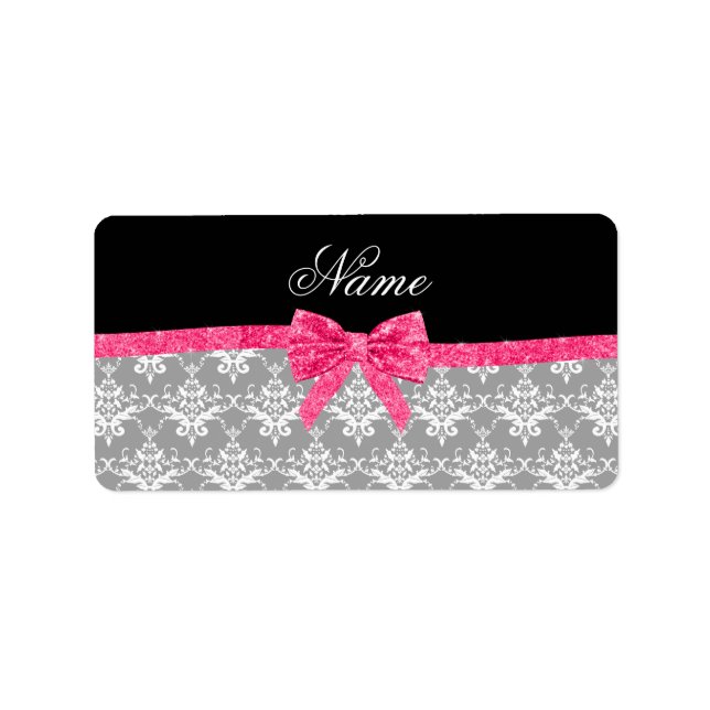 Custom name grey damask pink glitter bow label (Front)