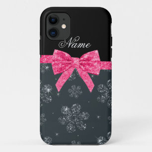Custom name grey glitter flowers pink glitter bow Case-Mate iPhone case