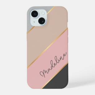 Custom Name Grey Pastel Coral Blush Pink Stripe iPhone 15 Case