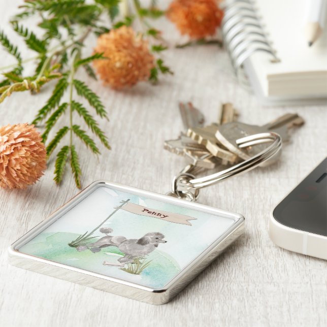 Custom Name Grey Poodle Pet Dog Key Ring (Side)