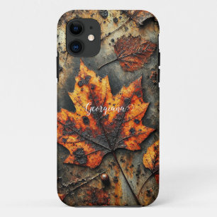 Custom Name Grungy Autumnal Industrial Leaves Case-Mate iPhone Case