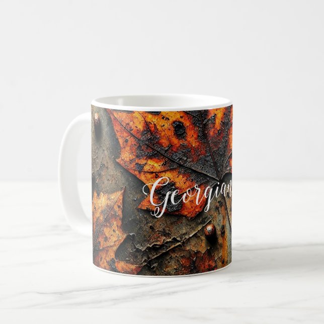 Custom Name Grungy Autumnal Industrial Leaves Coffee Mug (Front Left)
