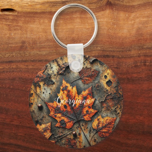 Custom Name Grungy Autumnal Industrial Leaves Key Ring (Front)