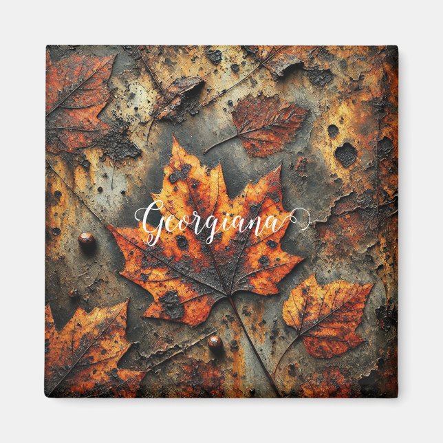 Custom Name Grungy Autumnal Industrial Leaves Magnet (Front)