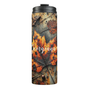 Custom Name Grungy Autumnal Industrial Leaves Thermal Tumbler