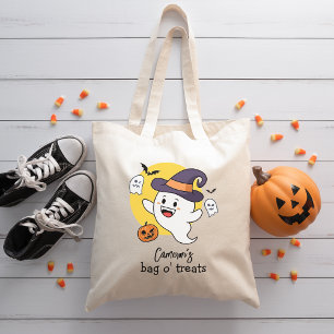 Custom Name Halloween Trick or Treat Cute Ghost Tote Bag