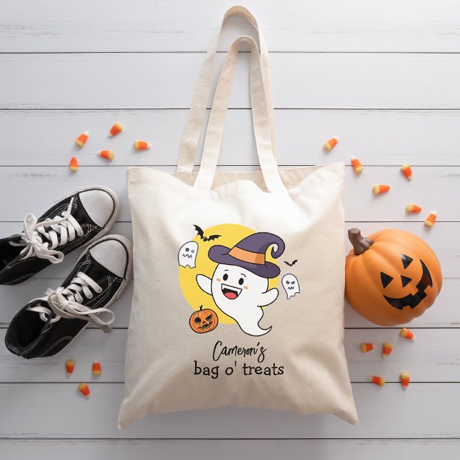 Custom Name Halloween Trick or Treat Cute Ghost  Tote Bag (Creator Uploaded)