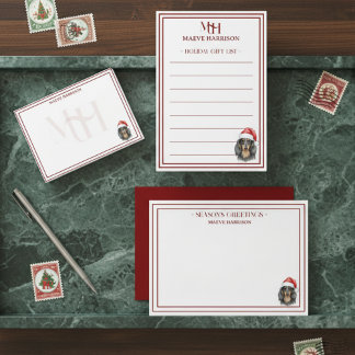 Custom Name Hand Drawn Dachshund Santa Hat Flat Card