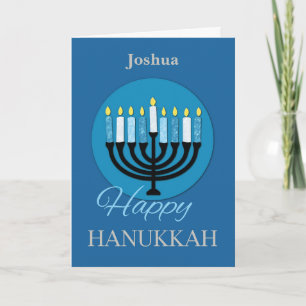 Custom Name Hanukkah Menorah on Dark Blue Card