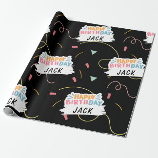 Custom Name Happy Birthday Black Wrapping Paper