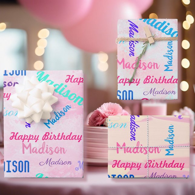 Custom NAME Happy Birthday Girl's Gift Pink Wrapping Paper Sheet (Creator Uploaded)
