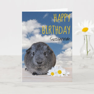 Custom Name Happy Birthday Guinea Pig White Daisy Card