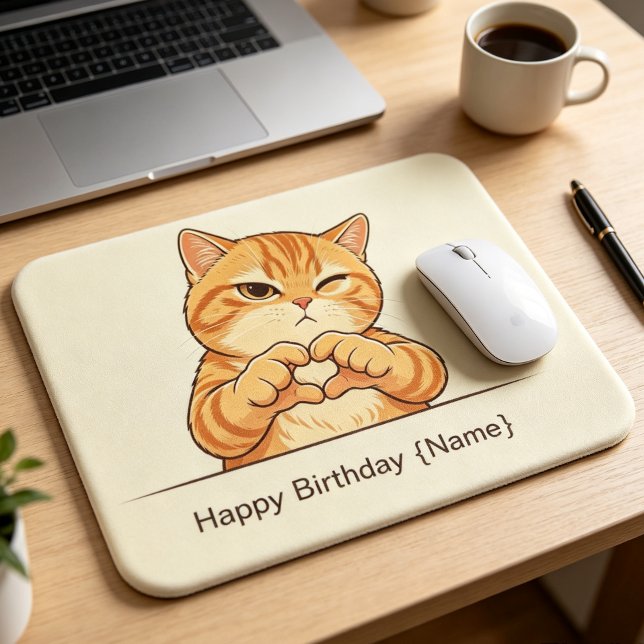 Custom Name Happy Birthday Orange Cat Heart‑Hands  Mouse Pad (Cute orange cat birthday office mouse pad, personalized desk decor and fun gift for cat lovers.)