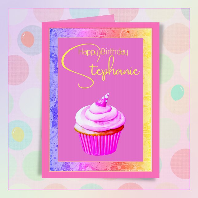 Custom Name Happy Birthday Pretty Pink Cupcake  Card (Creator Uploaded)