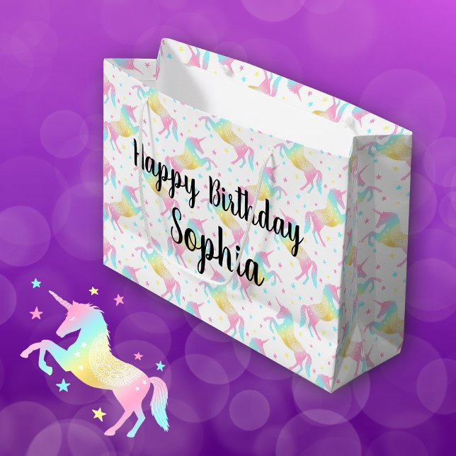 Custom Name Happy Birthday Rainbow Unicorn Large Gift Bag (Creator Uploaded)