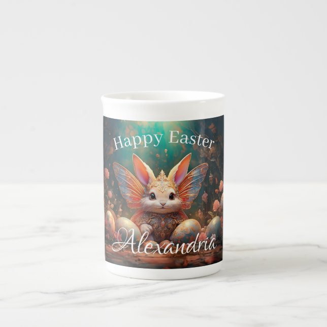 Custom Name Happy Easter Bunny with Easter eggs Bone China Mug (Front)