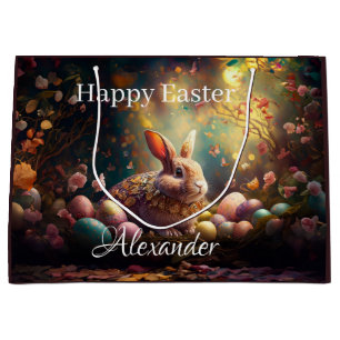 Custom Name Happy Easter Bunny with Easter eggs Large Gift Bag