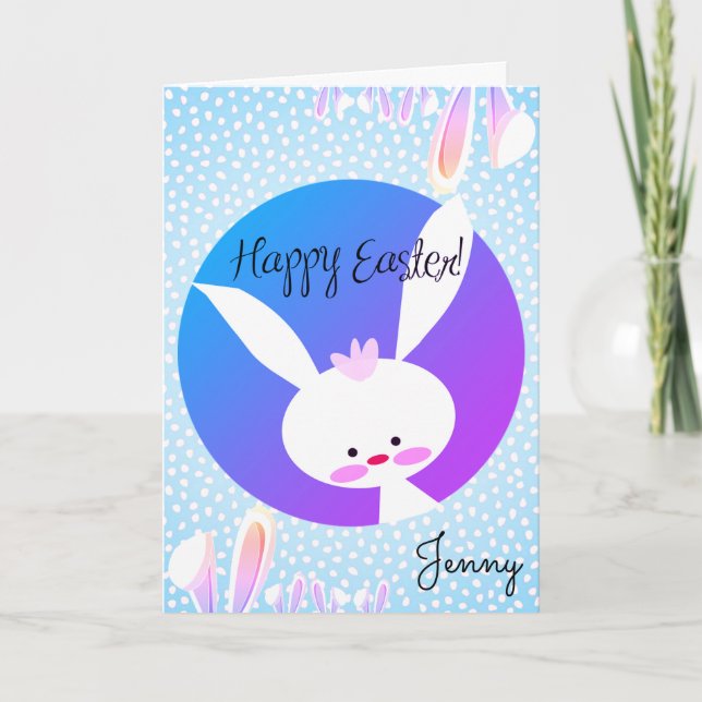Custom Name HAPPY EASTER Cute Bunny Blue Aesthetic Card (Front)