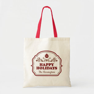 Custom name Happy Holidays tote bags