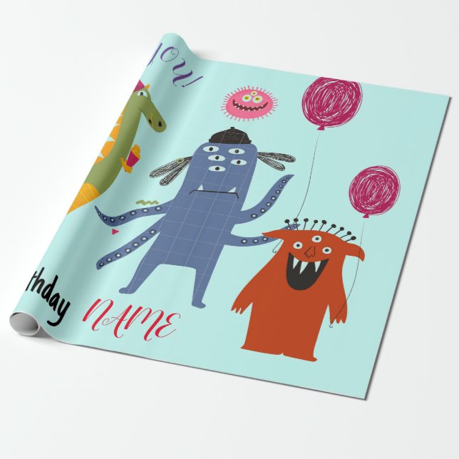 CUSTOM NAME HAPPY MONSTER BIRTHDAY Wrapping Paper (Unrolled)