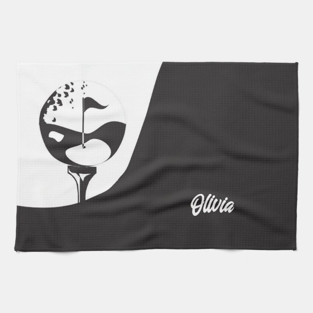 Custom Name Hello Black and White Golf  Tea Towel (Horizontal)