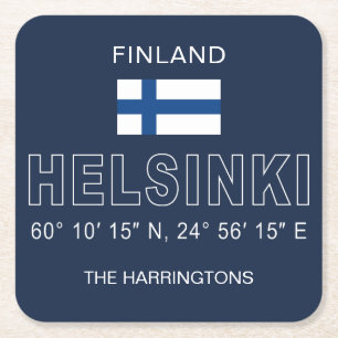 Custom Name Helsinki Coordinates Square Paper Coaster