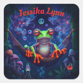 Custom name Hippie Peace Psychedelic Tree Frog  Square Sticker