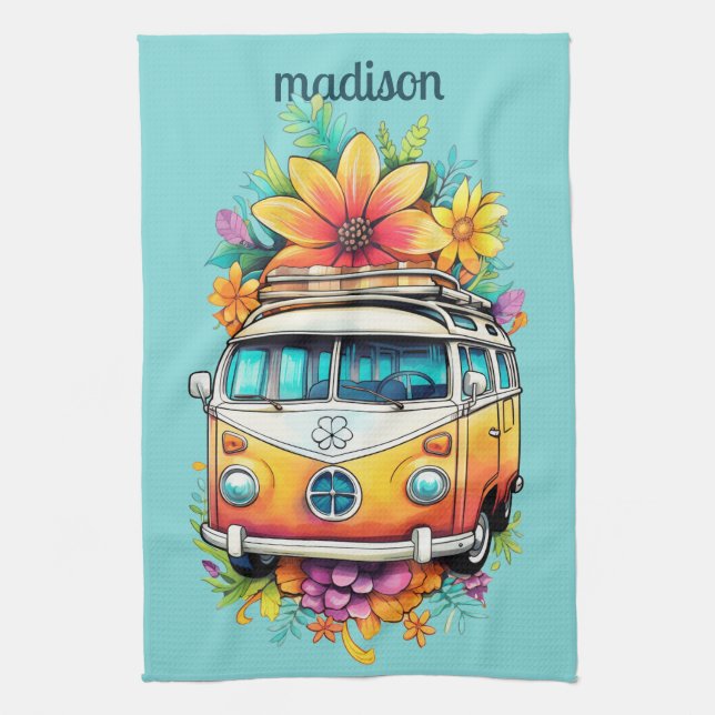 Custom Name Hippie Van Tea Towel (Vertical)