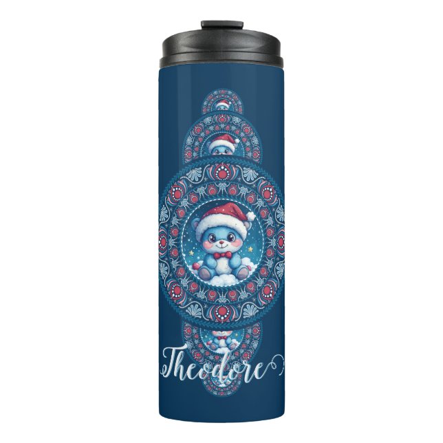 Custom Name Holiday Kawaii Bear Ornamental Mandala Thermal Tumbler (Front)