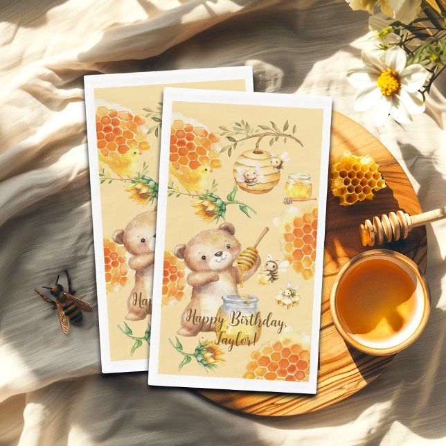 Custom Name Honey Bear Bees Birthday Party Napkin (Creator Uploaded)