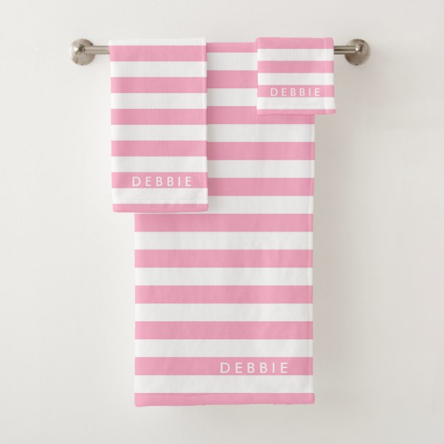 Custom name horizontal stripes pink & white bath towel set (Insitu)