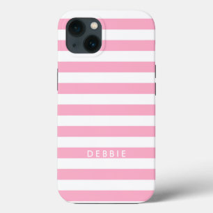 Custom name horizontal stripes pink & white iPhone 13 case