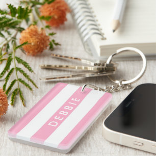 Custom name horizontal stripes pink & white key ring