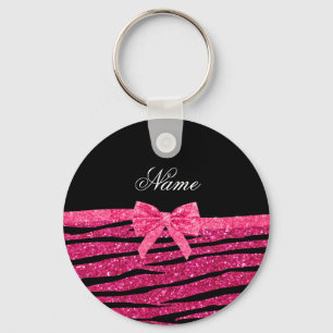 Custom name hot pink glitter zebra stripes bow key ring