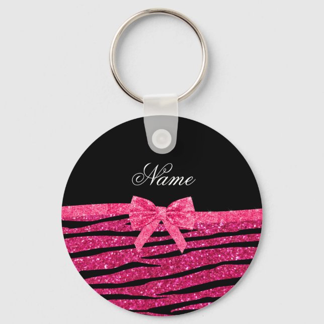 Custom name hot pink glitter zebra stripes bow key ring (Front)