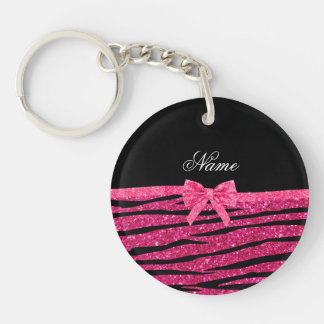 Custom name hot pink glitter zebra stripes bow key ring