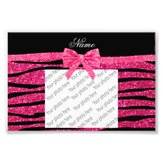 Custom name hot pink glitter zebra stripes bow photo print