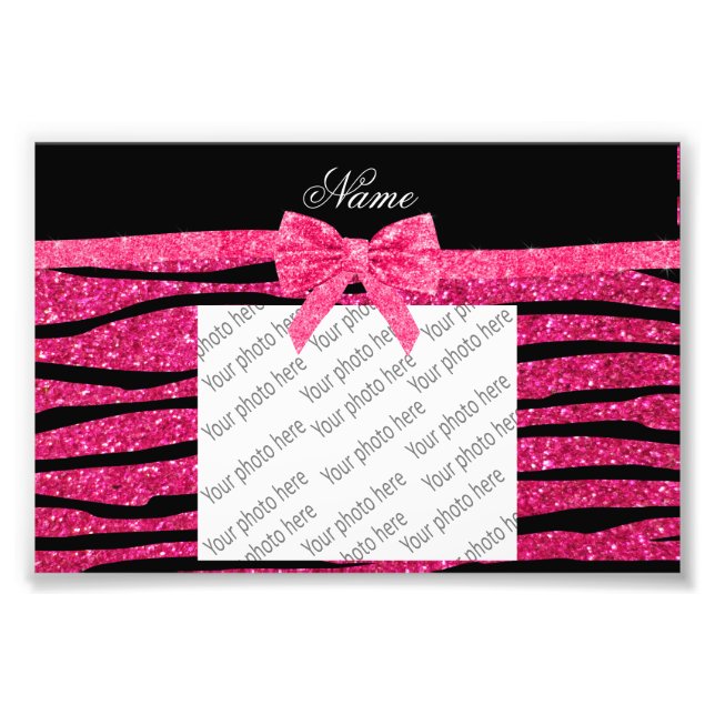 Custom name hot pink glitter zebra stripes bow photo print (Front)