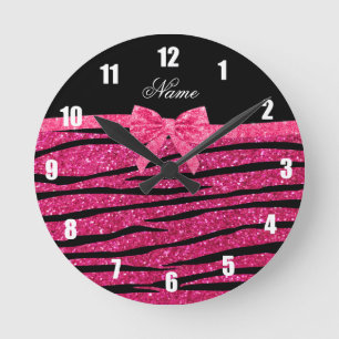 Custom name hot pink glitter zebra stripes bow round clock