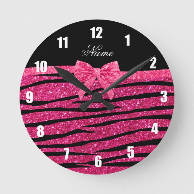 Custom name hot pink glitter zebra stripes bow round clock (Front)