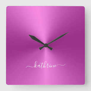 Custom Name Hot Pink Metallic Style Acrylic Square Wall Clock