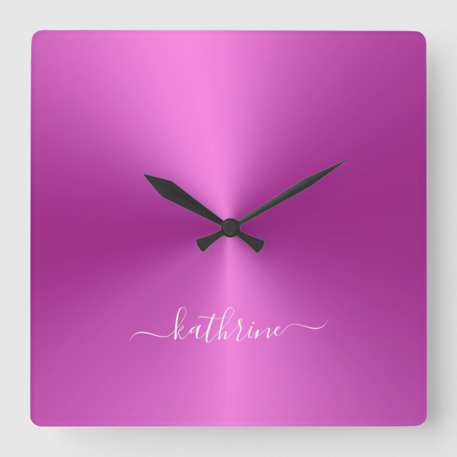 Custom Name Hot Pink Metallic Style Acrylic Square Wall Clock (Front)