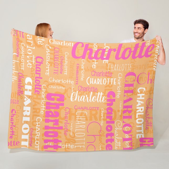 Custom Name Hot Pink Orange Pattern Personalised Fleece Blanket (In Situ)