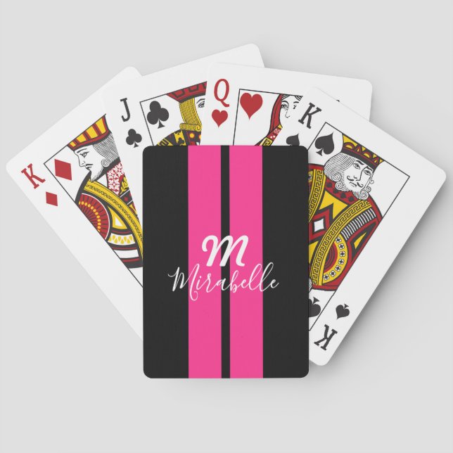 Custom Name Hot Pink Racing Stripe Monogrammed Playing Cards (Back)