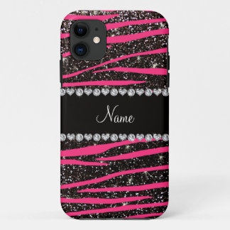 Custom name hot pink zebra stripes black glitter Case-Mate iPhone case