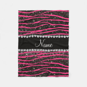 Custom name hot pink zebra stripes black glitter fleece blanket