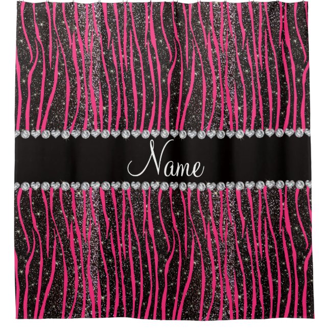 Custom name hot pink zebra stripes black glitter shower curtain (Front)
