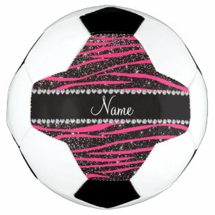 Custom name hot pink zebra stripes black glitter soccer ball