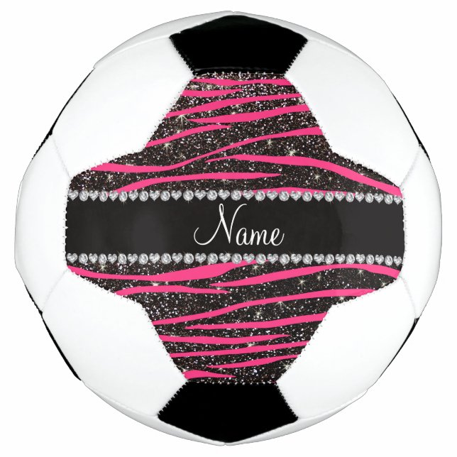 Custom name hot pink zebra stripes black glitter soccer ball (Front)